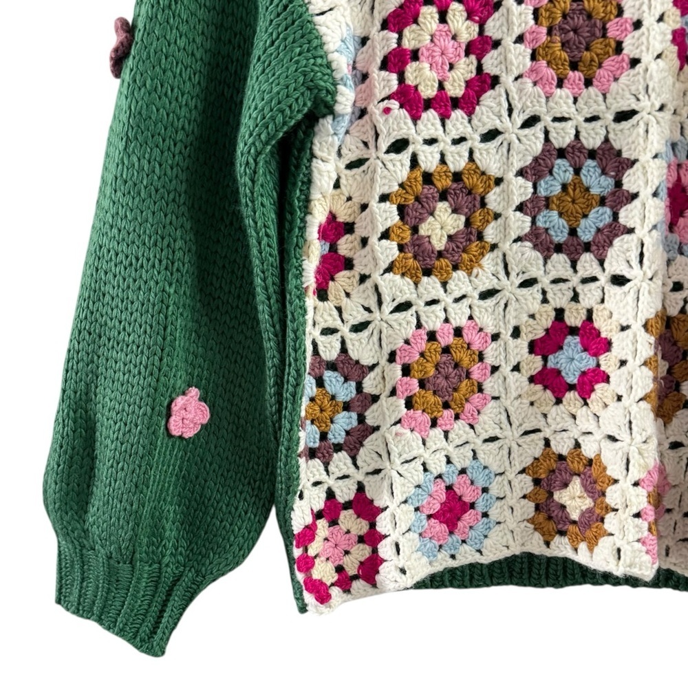 Listicle Granny Square Crochet Cardigan Sweater Green Multicolor Size M - Picture 5 of 11